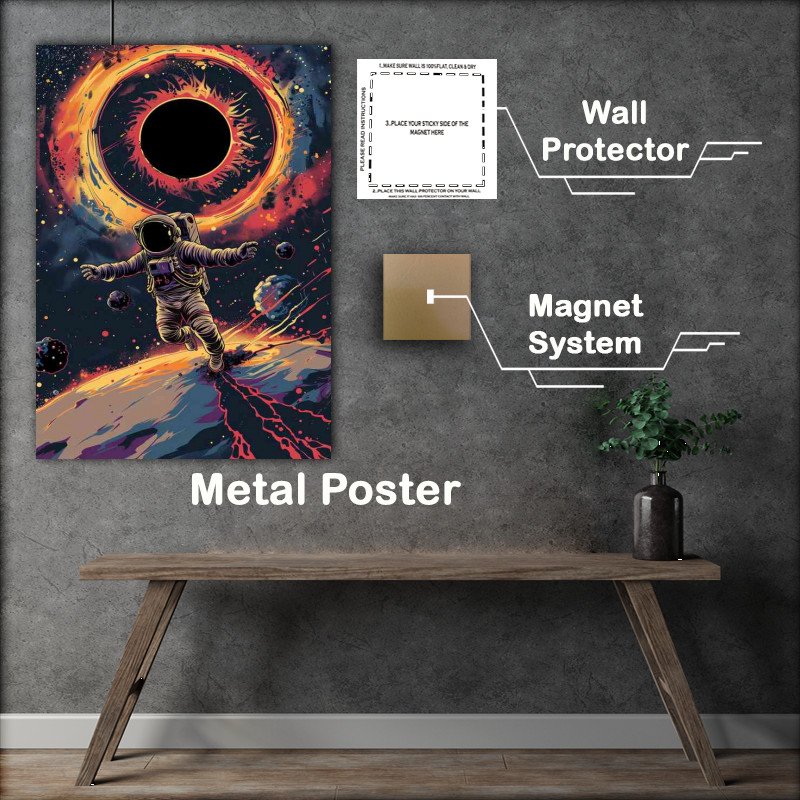 Buy Metal Poster : (Astronaut taking off in space above a giant black hole)