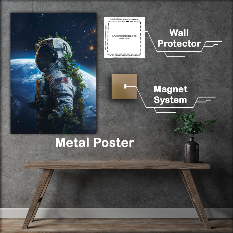 Buy Metal Poster : (Astronaut with his back to the earth with plants)