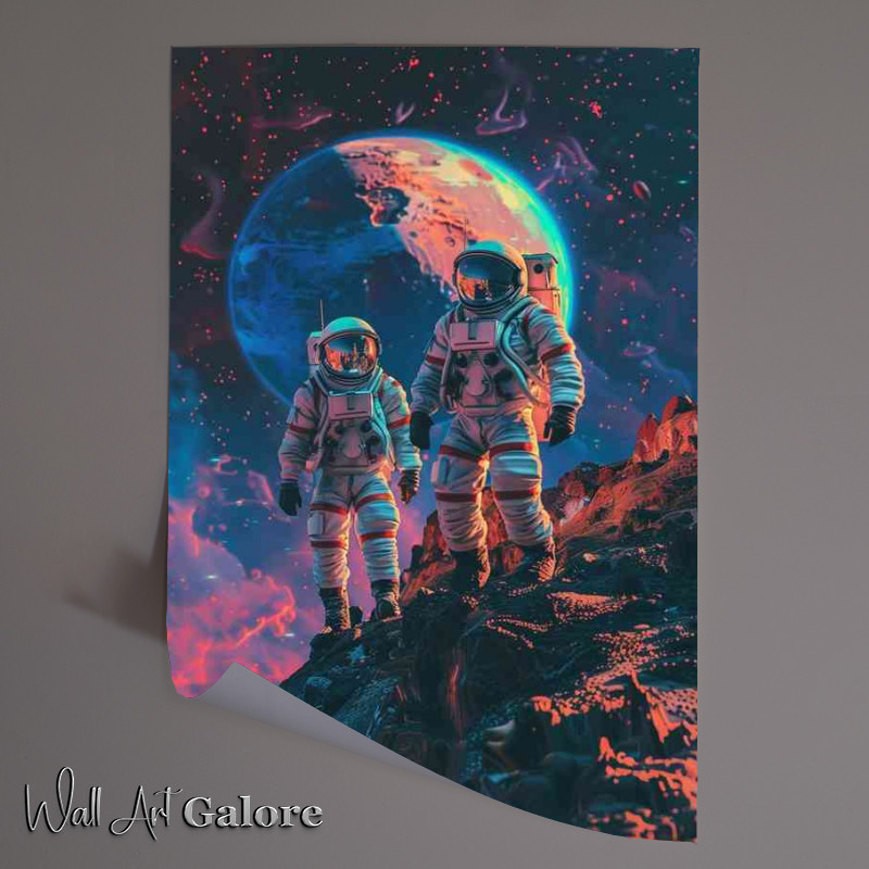 Buy Unframed Poster : (Astronauts in space walking over giant planets)