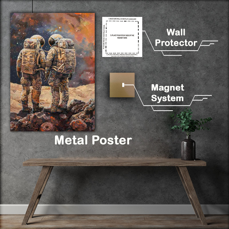 Buy Metal Poster : (Astronauts standing on a deserted planet)