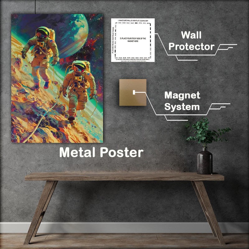 Buy Metal Poster : (Astronauts walking over space matter)