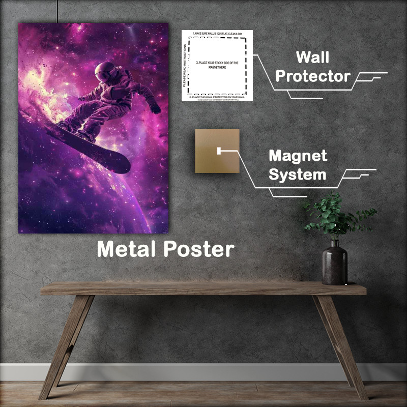 Buy Metal Poster : (Man on a snowboard flying through space)