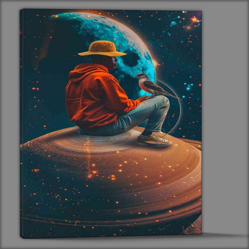 Buy Canvas : (Man sitting on a saturn with a bird)