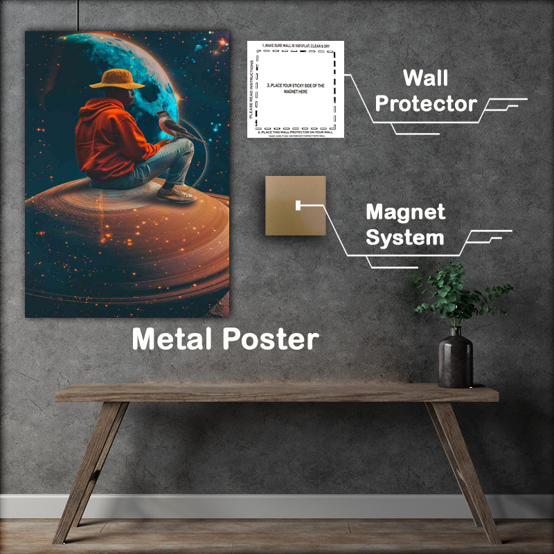 Buy Metal Poster : (Man sitting on a saturn with a bird)