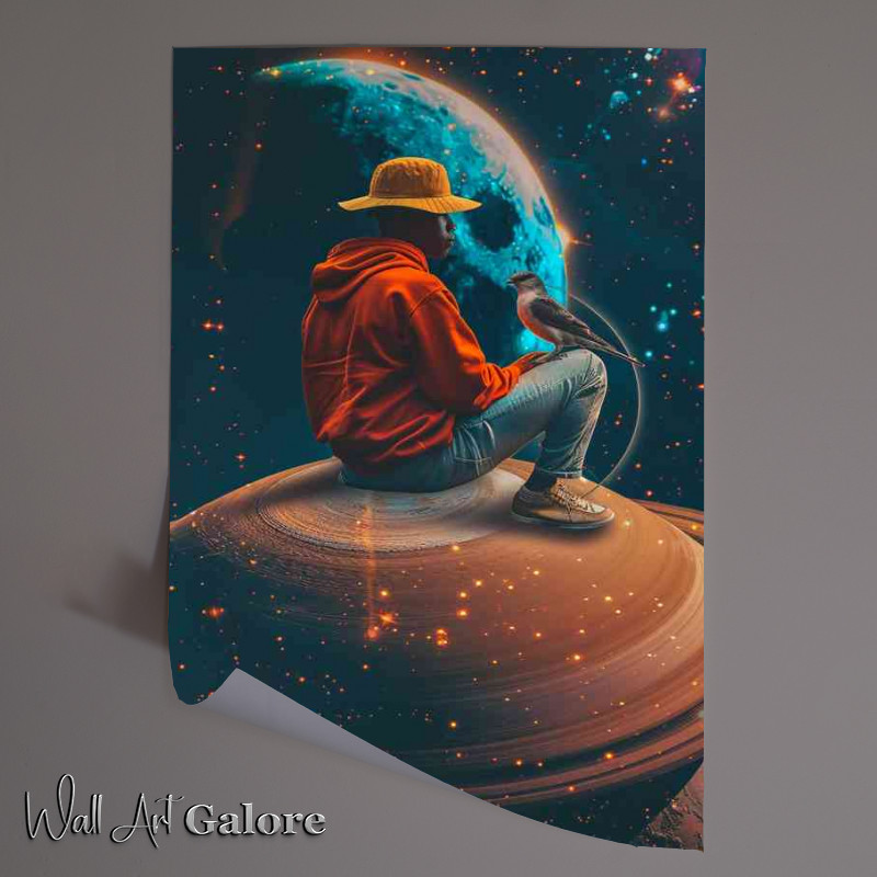 Buy Unframed Poster : (Man sitting on a saturn with a bird)