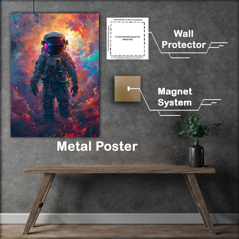 Buy Metal Poster : (Spaceman walking in colourful clouds)