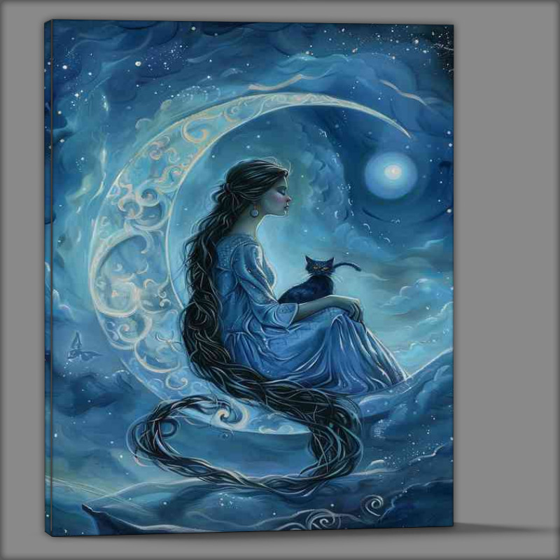 Buy Canvas : (Angel sitting on the moon with her cat)