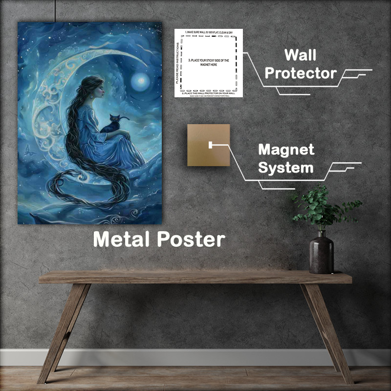 Buy Metal Poster : (Angel sitting on the moon with her cat)