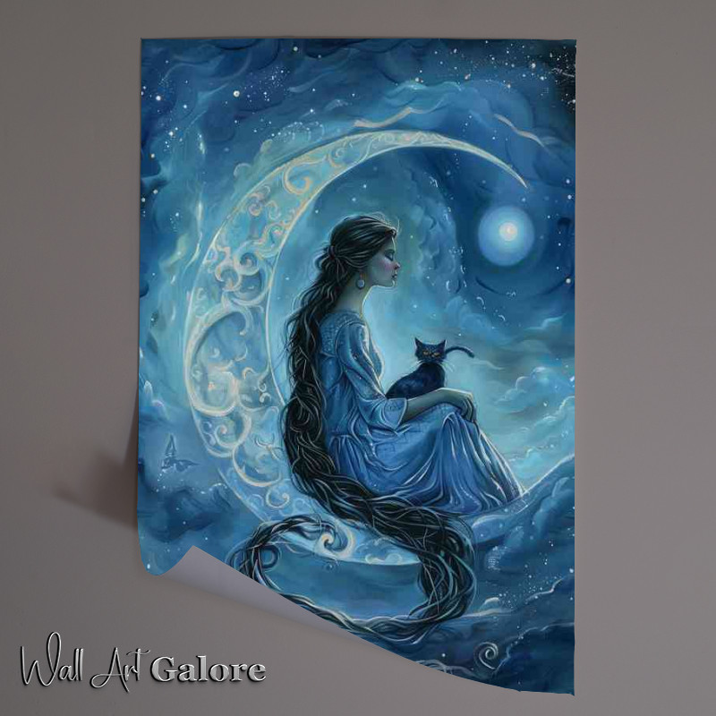 Buy Unframed Poster : (Angel sitting on the moon with her cat)