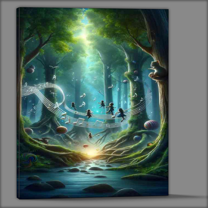 Buy Canvas : (Children floating on musical notes through a mystical forest)