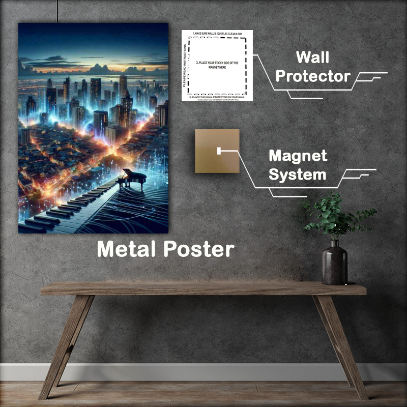 Buy Metal Poster : (Cityscape at dusk where buildings and streets pulse with the rhythm)