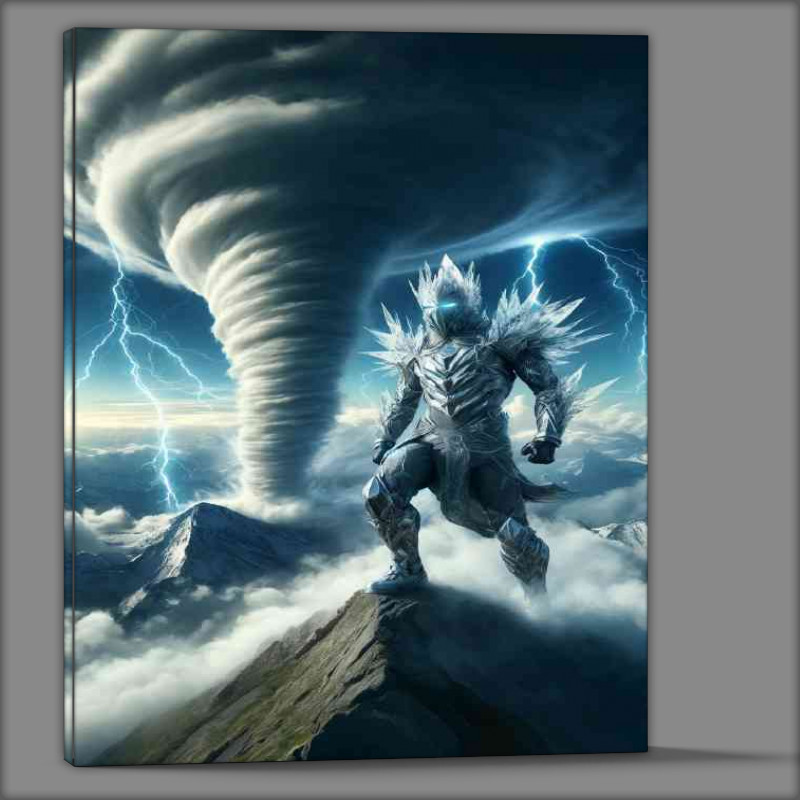 Buy Canvas : (Warrior in air themed armor tornado on a high mountain)