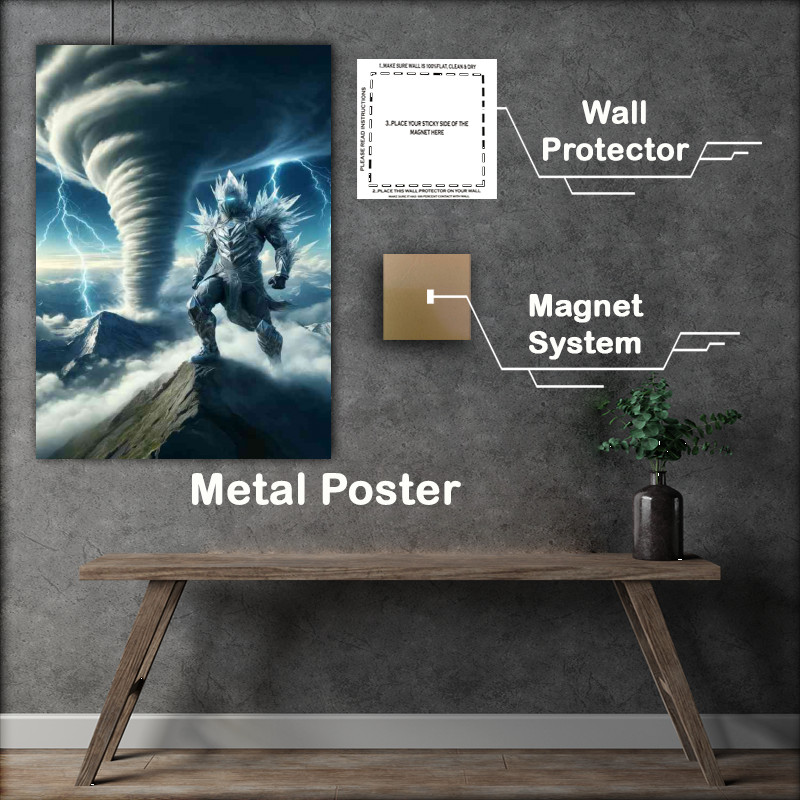 Buy Metal Poster : (Warrior in air themed armor tornado on a high mountain)