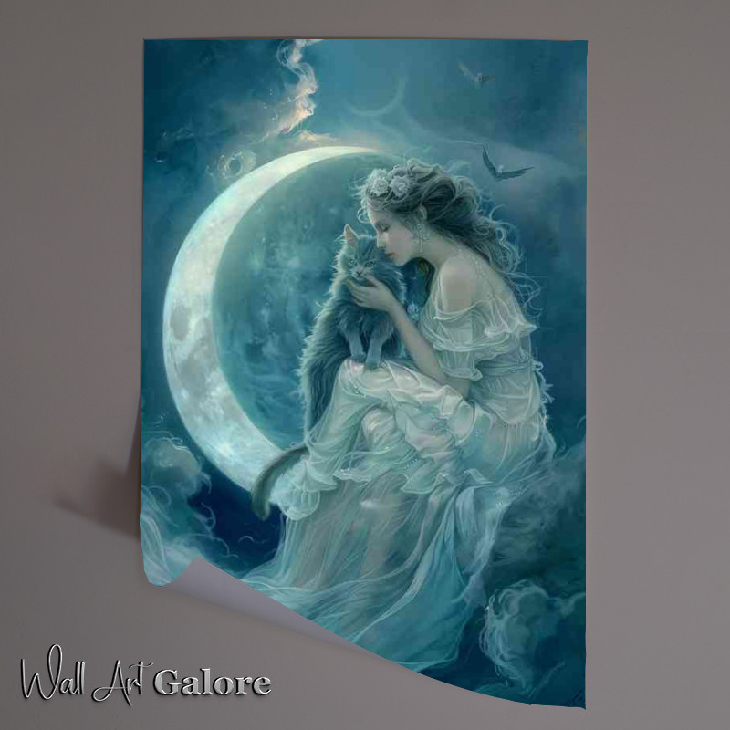 Buy Unframed Poster : (Woman is sitting on the moon with a cat on her lap)