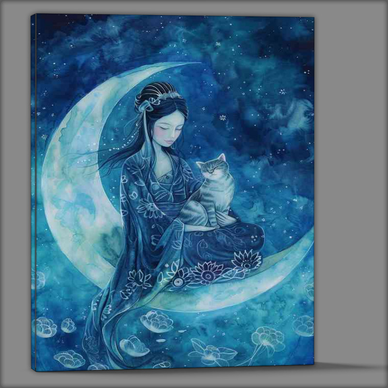 Buy Canvas : (Woman sits on the blue moon with a Cat)