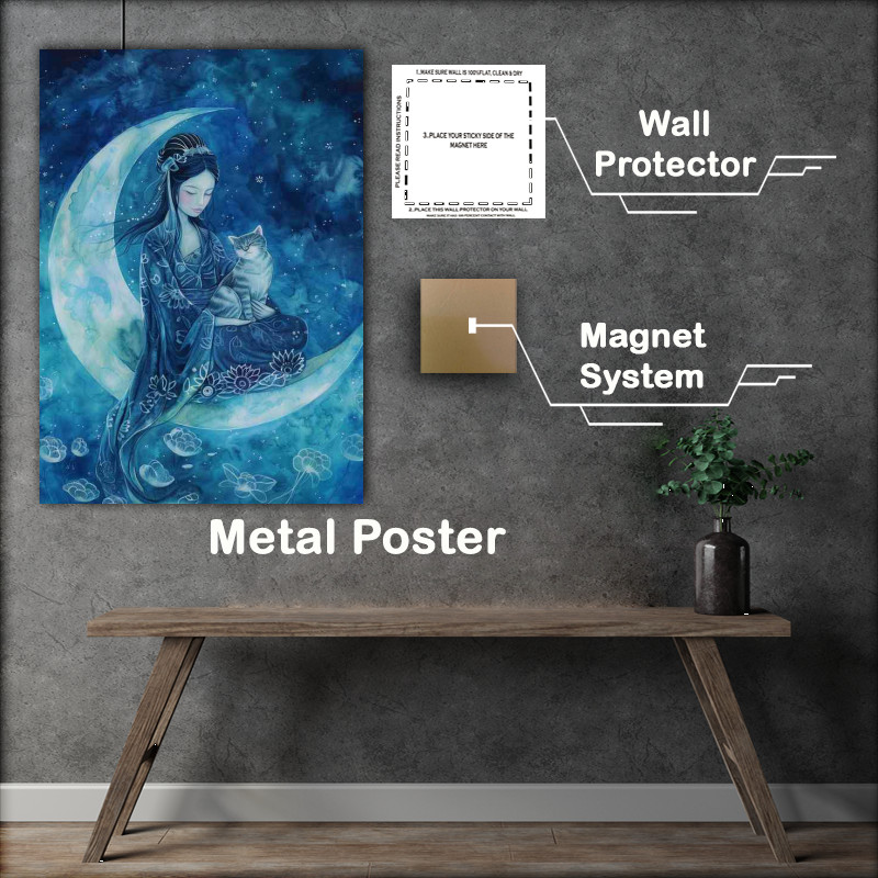 Buy Metal Poster : (Woman sits on the blue moon with a Cat)