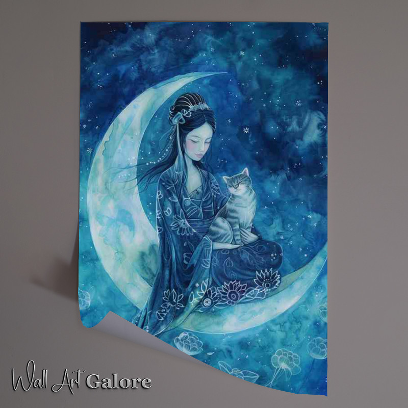 Buy Unframed Poster : (Woman sits on the blue moon with a Cat)