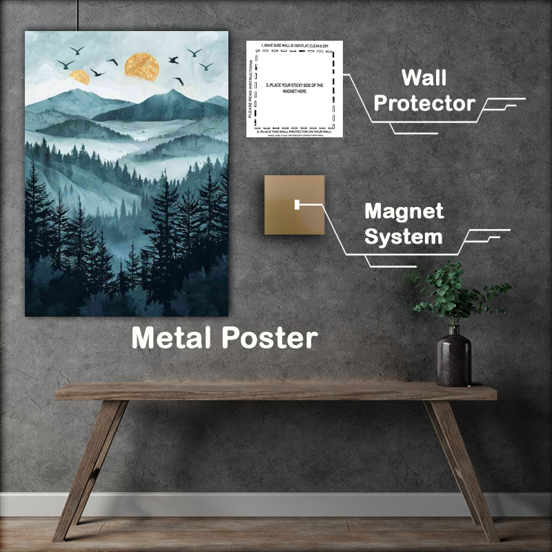 Buy Metal Poster : (A forest of pine trees with gold accents)