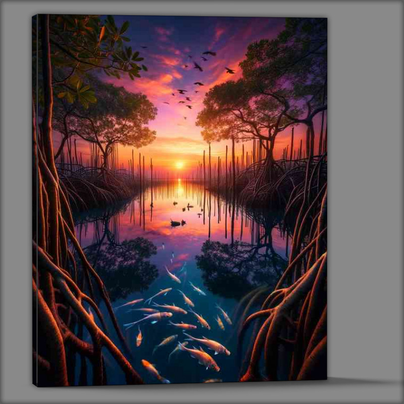 Buy Canvas : (Serene beauty of a coastal mangrove forest at sunset)