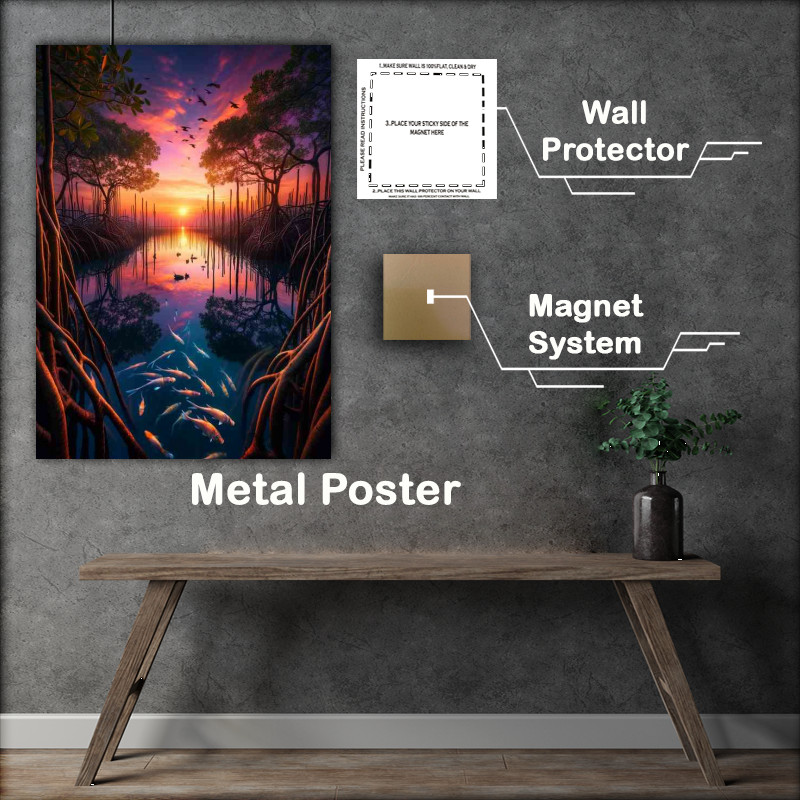 Buy Metal Poster : (Serene beauty of a coastal mangrove forest at sunset)