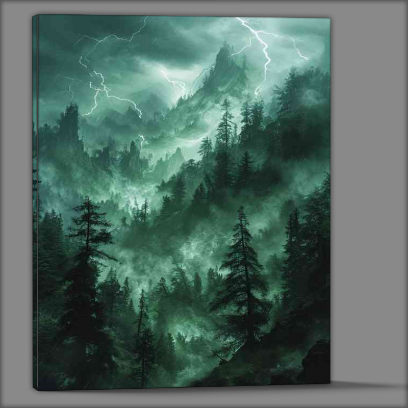 Buy Canvas : (The green mountain forest with lightning)