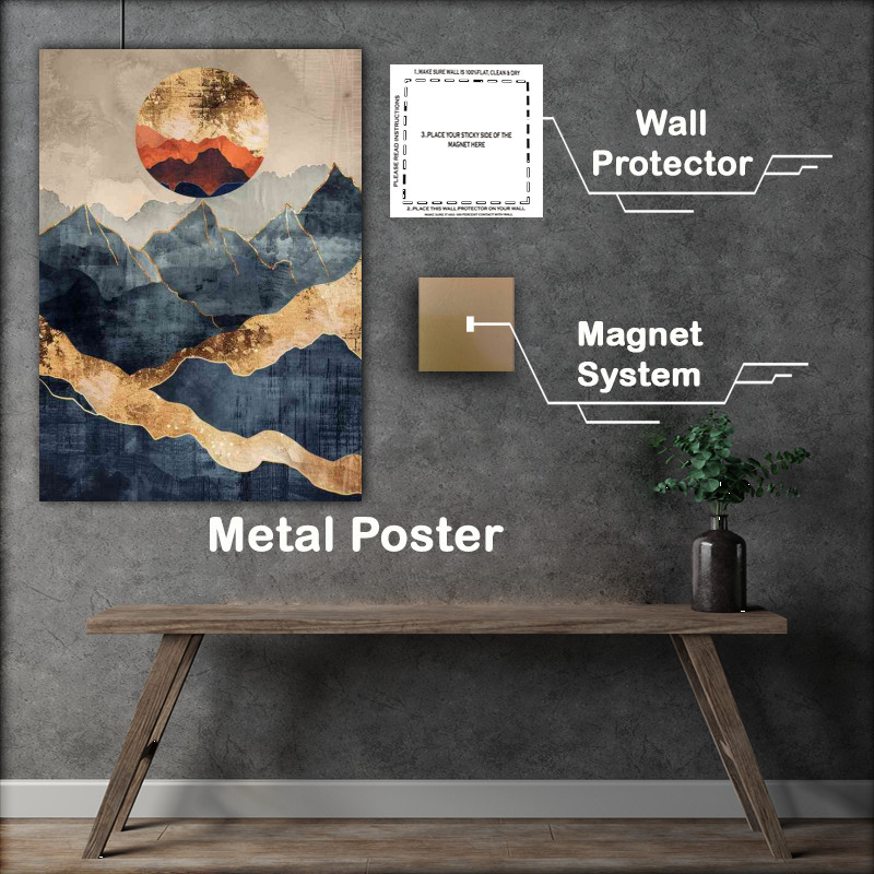 Buy Metal Poster : (Abstract mountains and coloured sun)