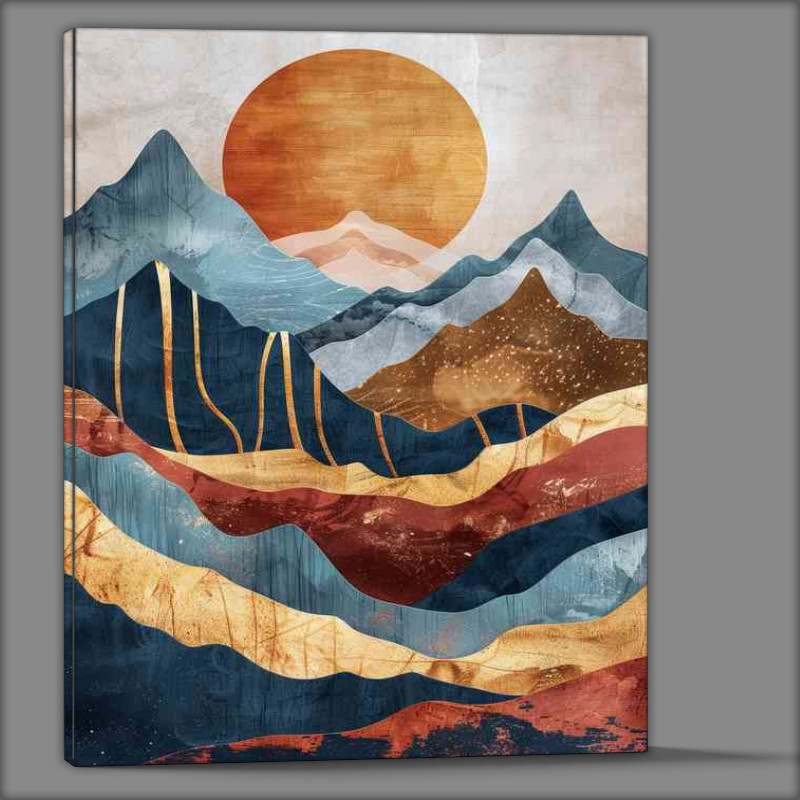 Buy Canvas : (Abstract mountains and sun in earth tones with gold)