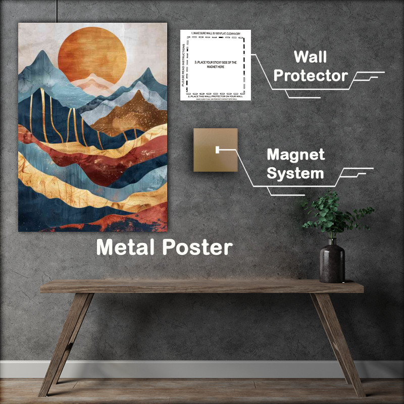 Buy Metal Poster : (Abstract mountains and sun in earth tones with gold)