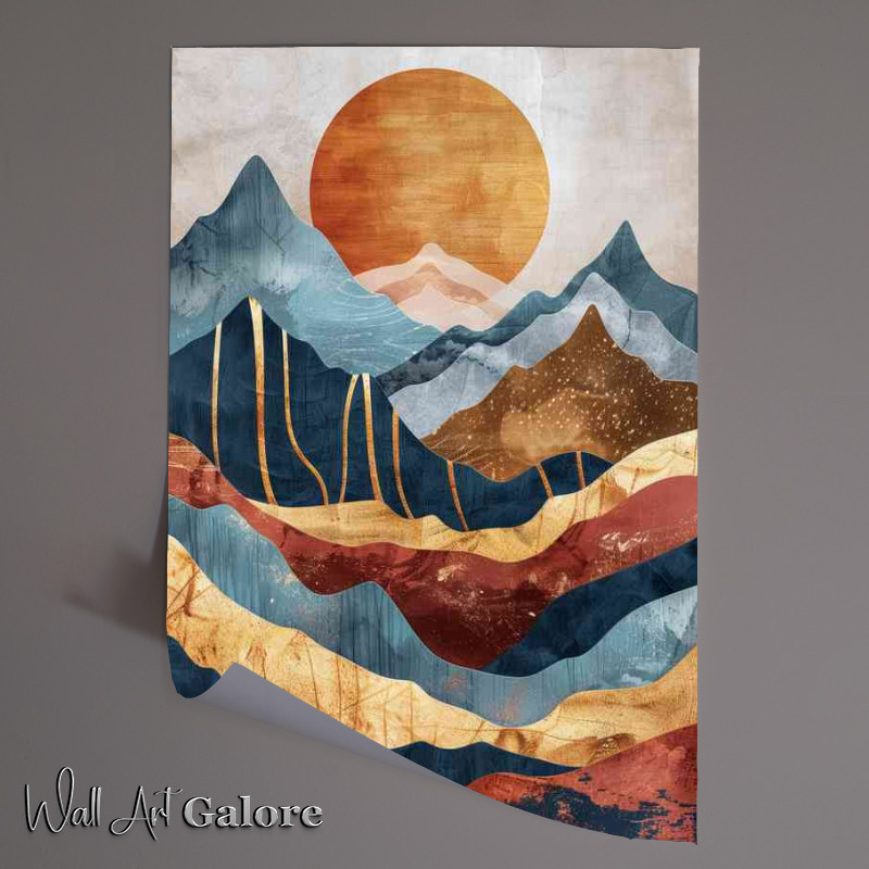 Buy Unframed Poster : (Abstract mountains and sun in earth tones with gold)