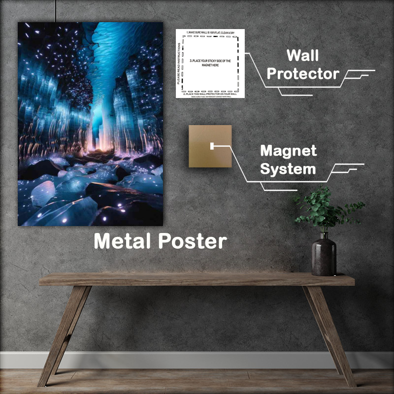 Buy Metal Poster : (Glacier cavern illuminated by thousands of glow worms)