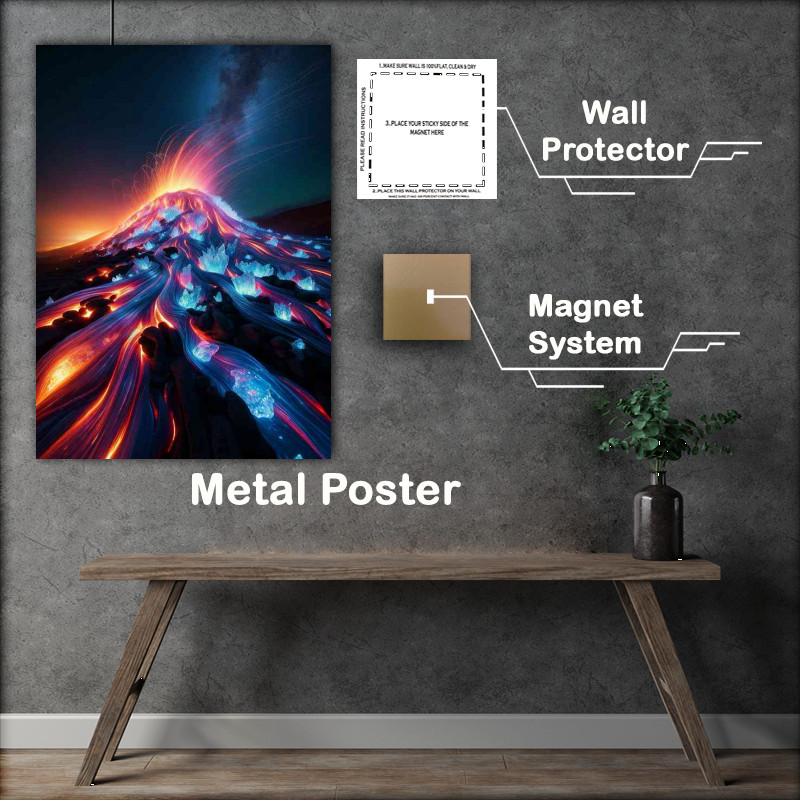 Buy Metal Poster : (Volcanic landscape at night where the lava flows)