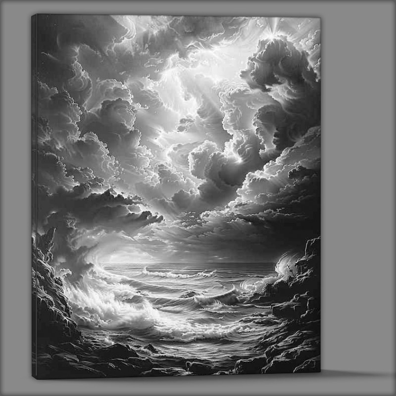 Buy Canvas : (A Black and white picture of an ocean with clouds)