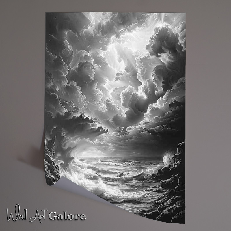 Buy Unframed Poster : (A Black and white picture of an ocean with clouds)