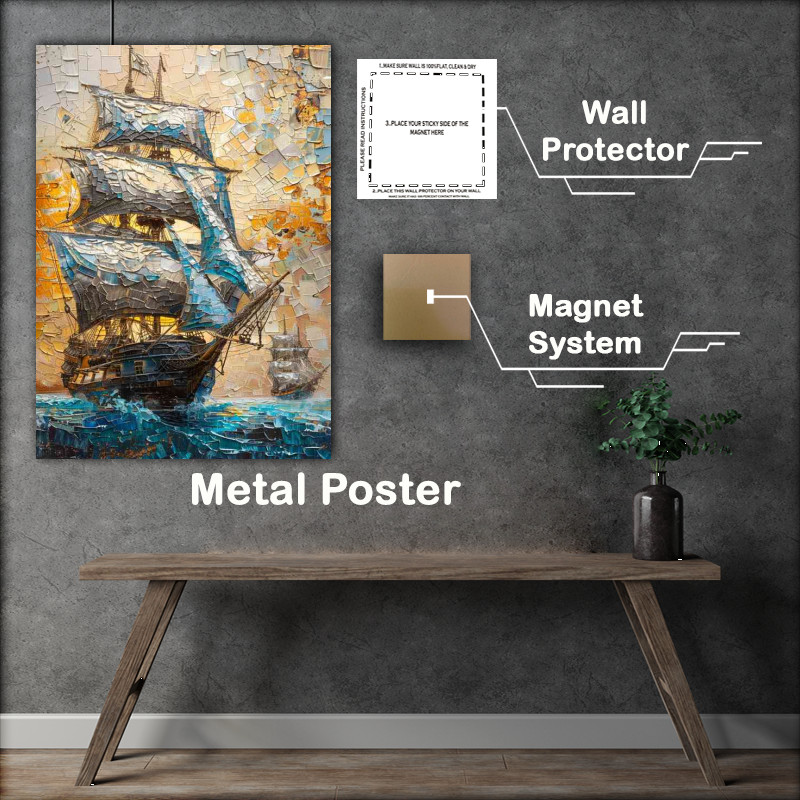 Buy Metal Poster : (A blue ship with a large sails in the sea)