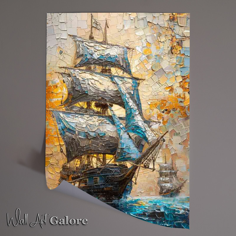 Buy Unframed Poster : (A blue ship with a large sails in the sea)