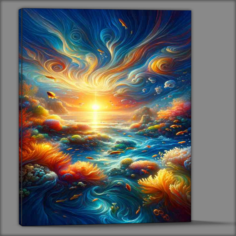 Buy Canvas : (Bustling coral reef teeming with life at sunrise)