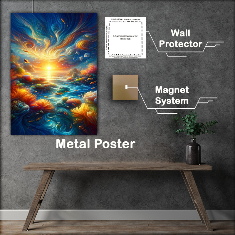 Buy Metal Poster : (Bustling coral reef teeming with life at sunrise)