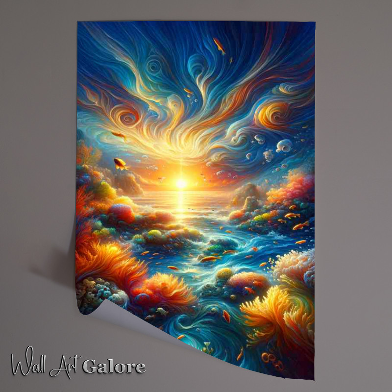 Buy Unframed Poster : (Bustling coral reef teeming with life at sunrise)