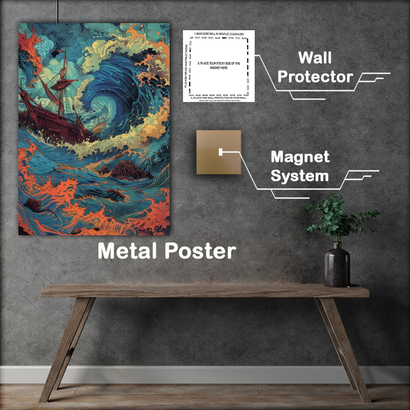Buy Metal Poster : (Ship trying to navigate through massive waves)