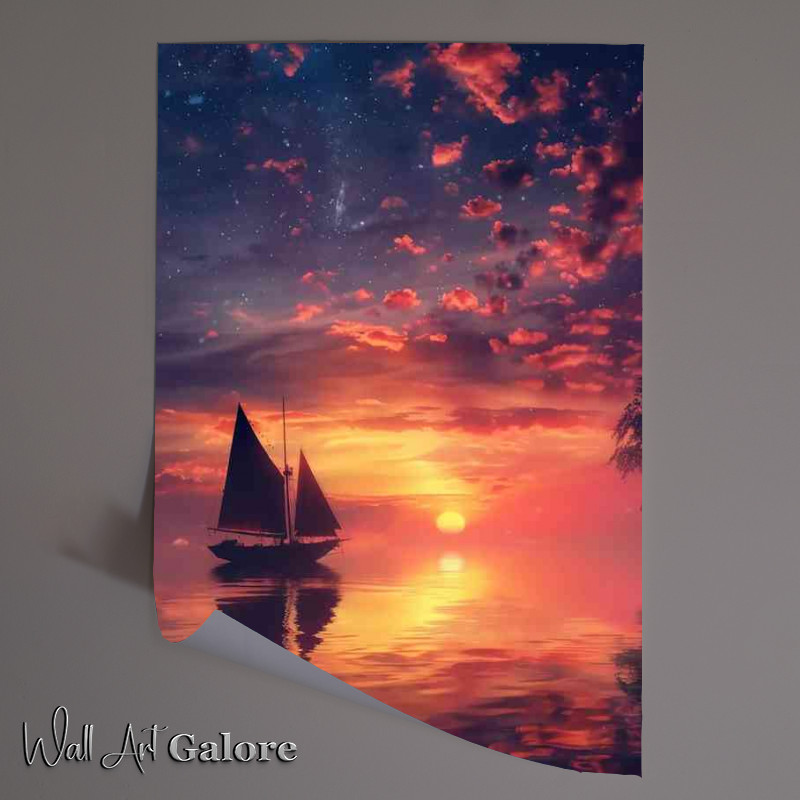 Buy Unframed Poster : (Small boat in the sea with red skies)