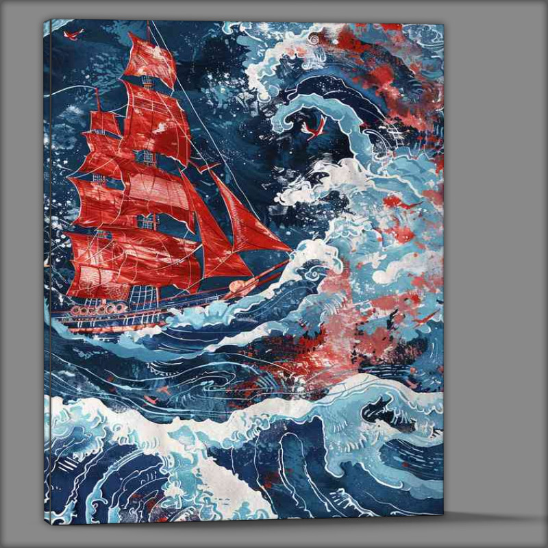 Buy Canvas : (The red boat with sails in the thick of big waves)