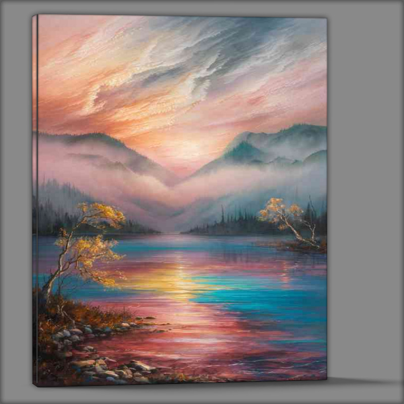Buy Canvas : (The still Lake waters setting fog)