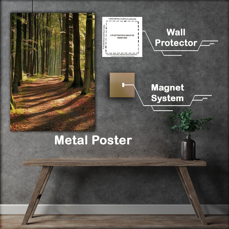 Buy Metal Poster : (A dense forest with tall trees with sunlight)