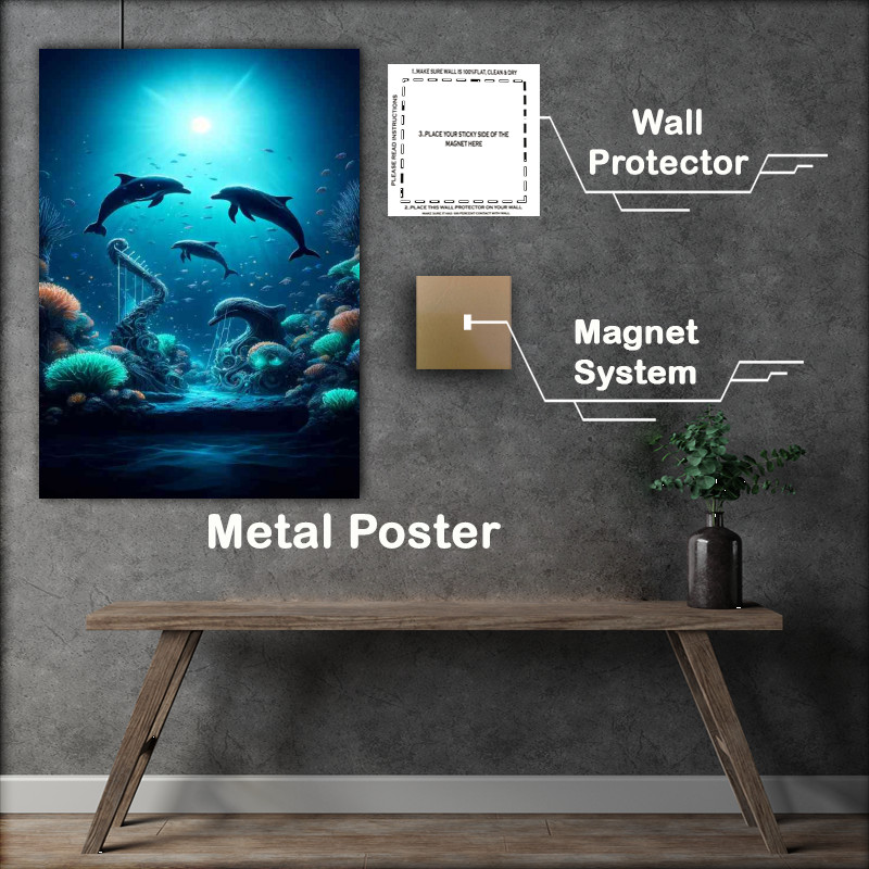 Buy Metal Poster : (Underwater concert where dolphins and fish gracefully swim)