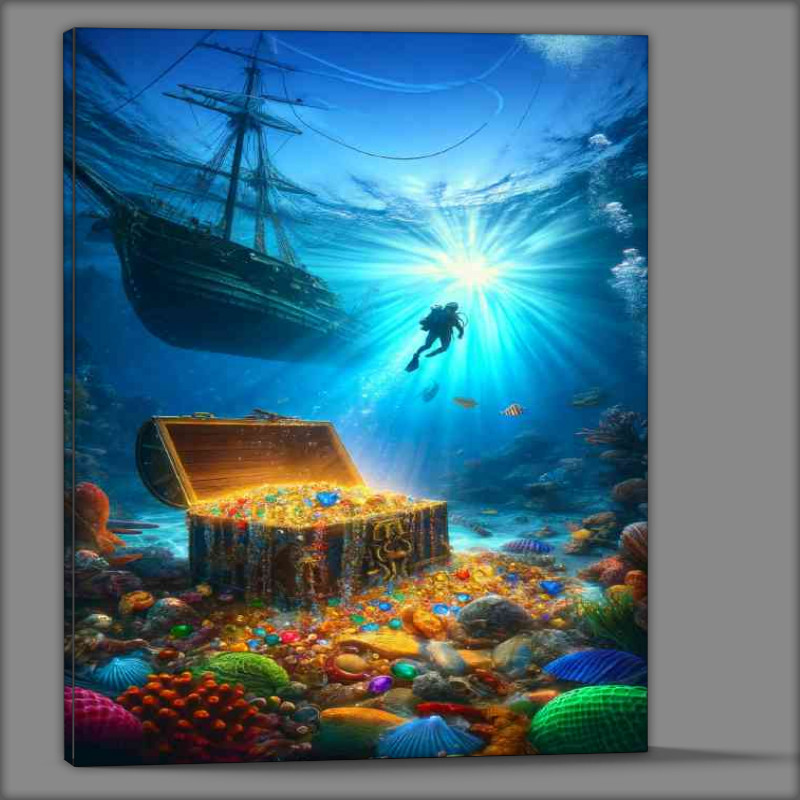 Buy Canvas : (Wnderwater scene where a diver discovers a treasure chest)