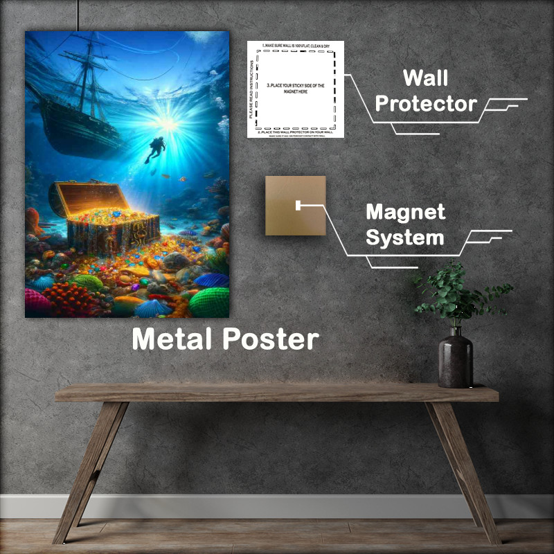 Buy Metal Poster : (Wnderwater scene where a diver discovers a treasure chest)