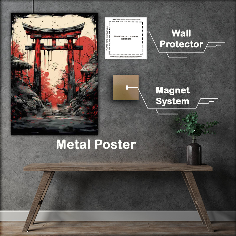 Buy Metal Poster : (Inked Entrance Watercolor Whispers of Torii Gates)