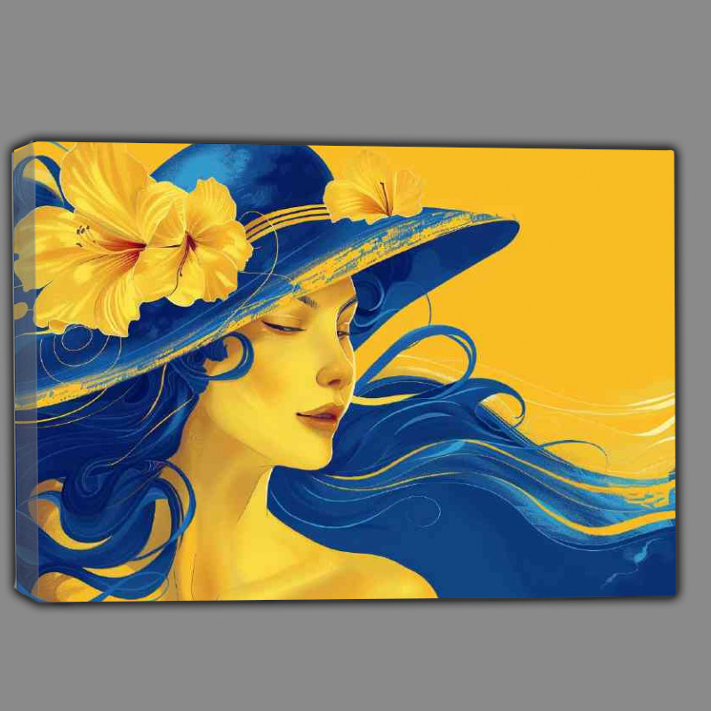 Buy Canvas : (Beautiful woman with flowers in her hat blue and yellow)