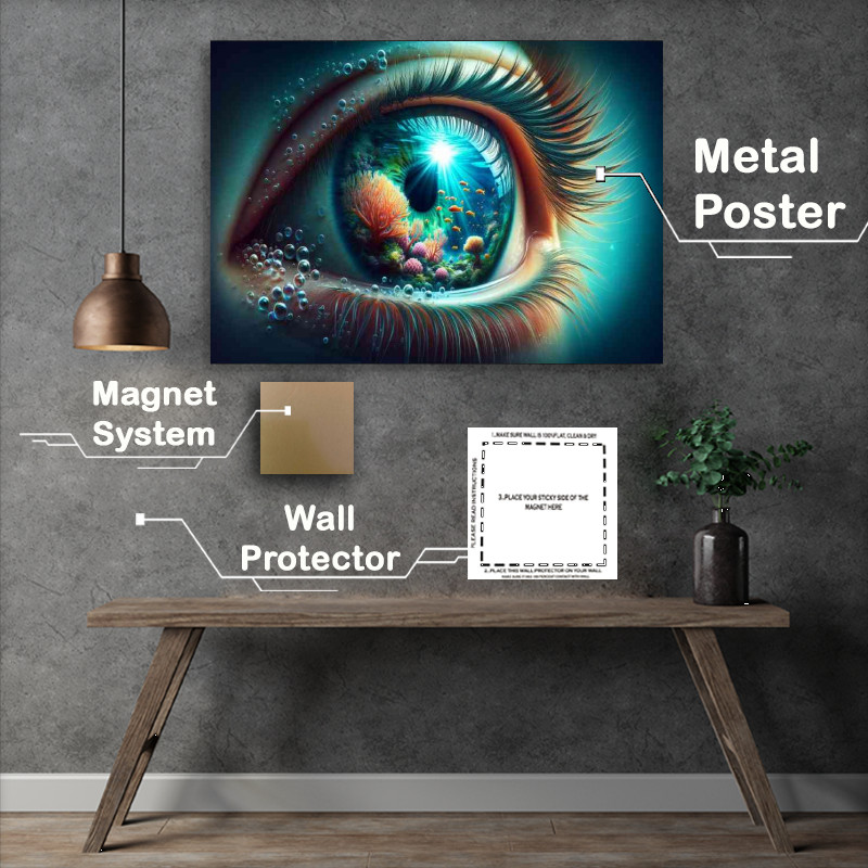 Buy Metal Poster : (Eye reflecting a deep ocean scene with a vibrant coral reef)