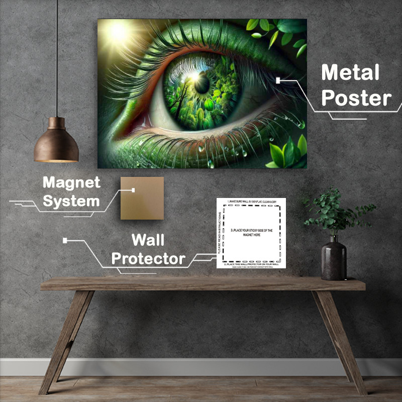 Buy Metal Poster : (Eye reflecting a lush verdant forest scene)